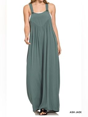 NWT Zenana Outfitters woven rayon crepe wide leg overalls in ash jade - size L